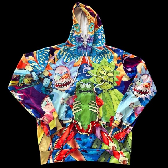 Rick And Morty Hoodie Multicolor Pullover All over print Size Medium Lightweight - Picture 1 of 4